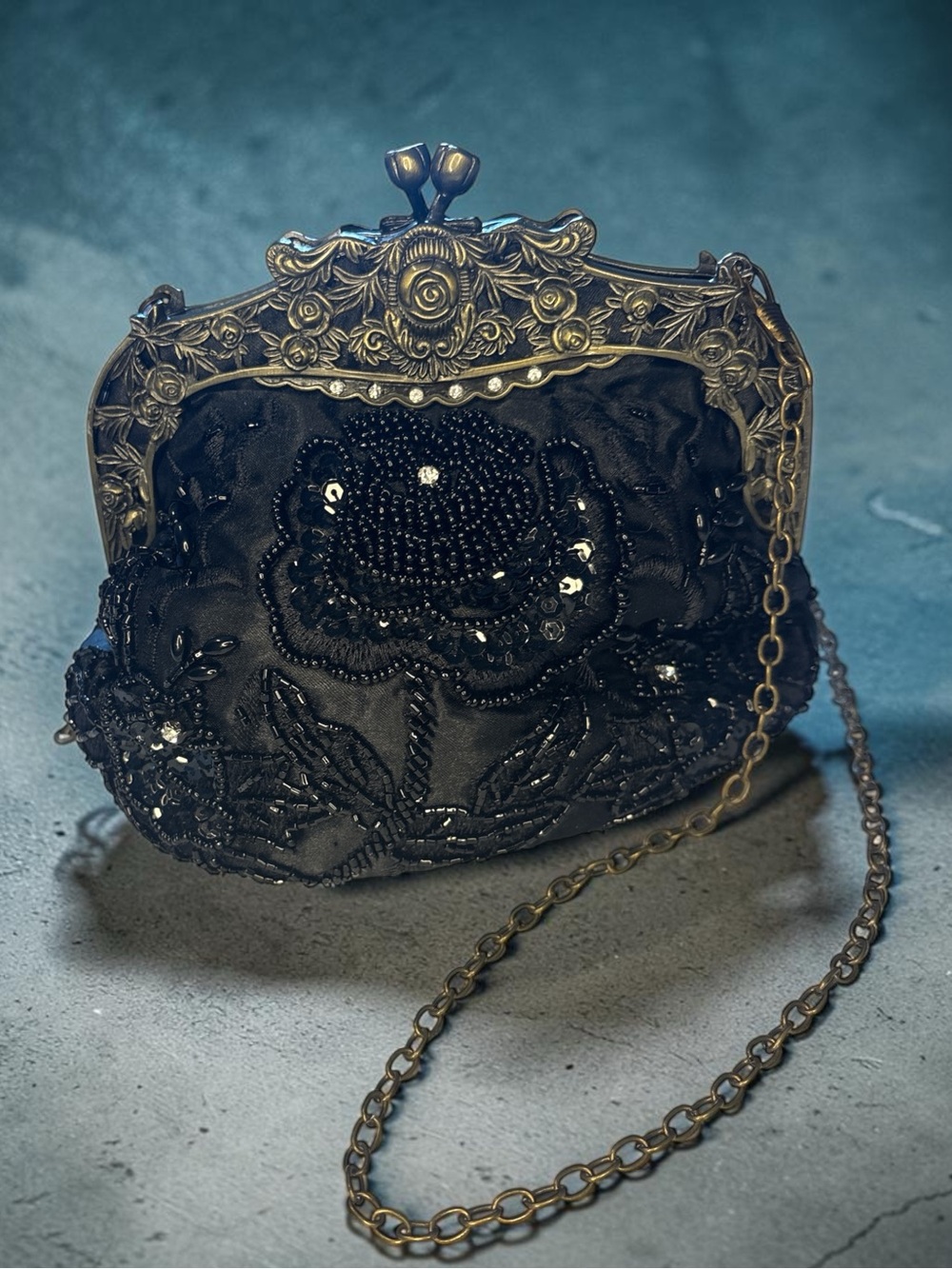 Vintage-Inspired Black Beaded Evening Bag with Antique Gold Frame